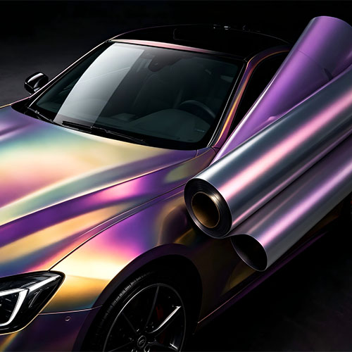 Iridescent color vinyl wrap film roll and wrapped car